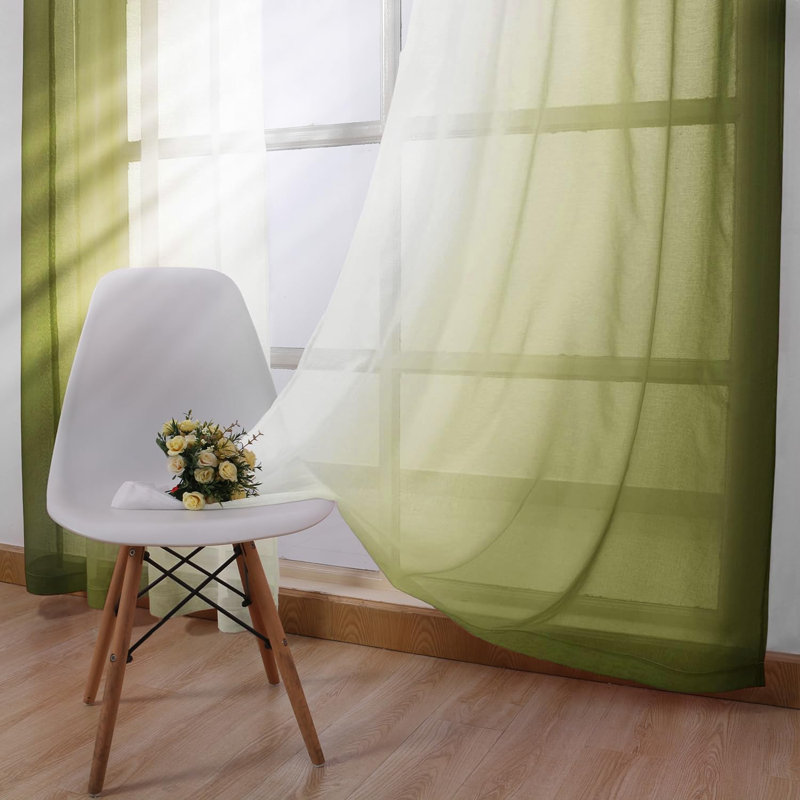 2 Panels Ombre Sheer Curtains Faux Linen Semi Voile Gradient Farmhouse Style Curtains, Grommet Top Window Drape Panels for Bedroom and Living Room