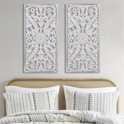 Distressed Wood 2 Wall Decor - Lotus Flower Pattern White Washed Finish Indoor Use Only Decoration Style Whitewashed Home