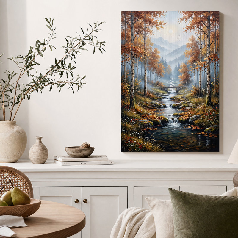 Tableau sur toile représentant un ruisseau dans une forêt de bouleaux en automne avec un pont de pierre, H 48 po x l 32 po