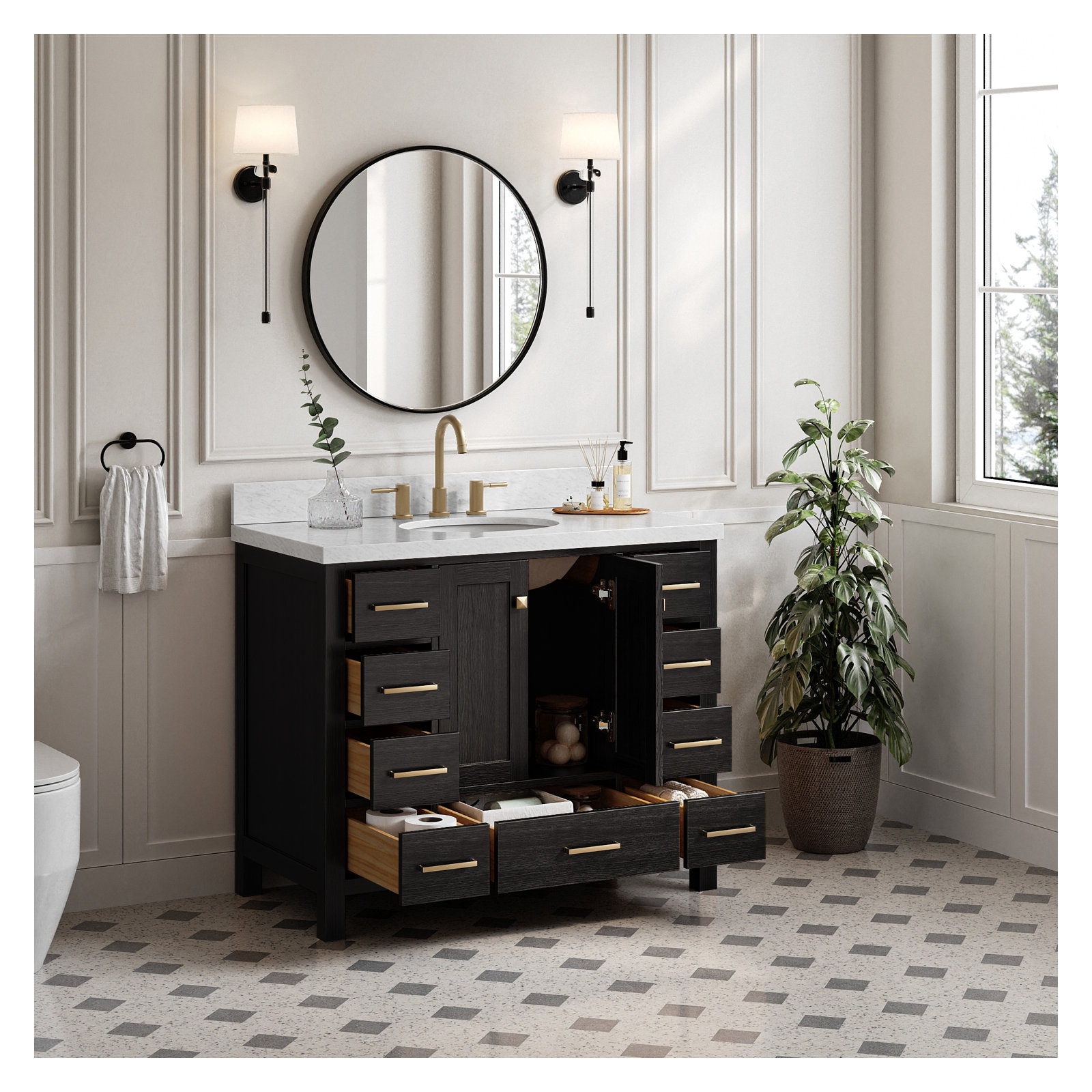Cambridge 43'' Single Bathroom Vanity, Black Oak / Satin Brass
