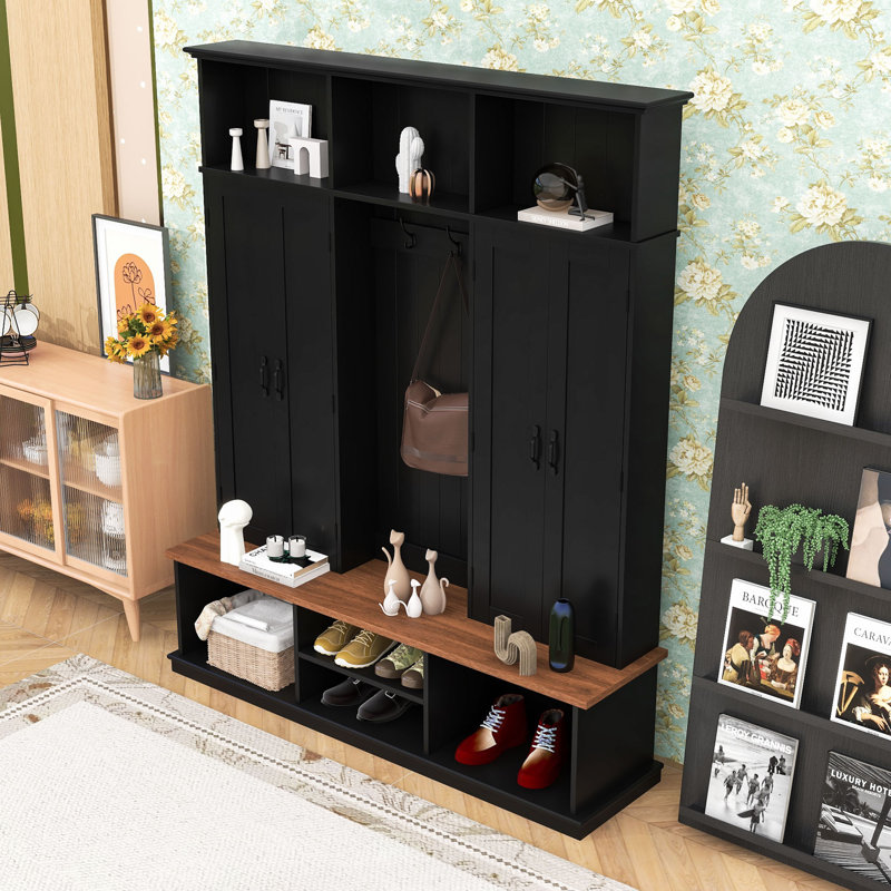 Hall Tree with Bench, Hooks, Cabinets and Shelves, Black