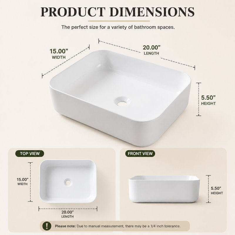 20" L x 15" W Rectangular Ceramic Vessel Bathroom Sink, White Above-Counter Vanity Basin with Rounded Corners
