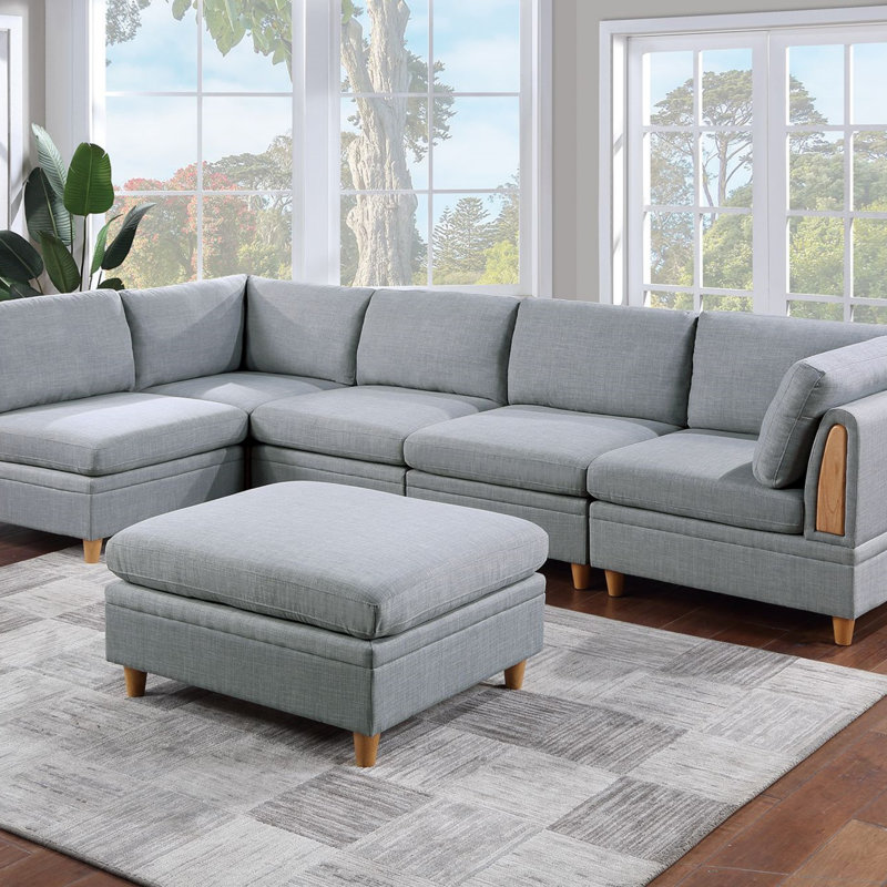Ensemble de canapé modulaire de coin contemporain 6 pièces en acier Dorris, Tissu gris pâle