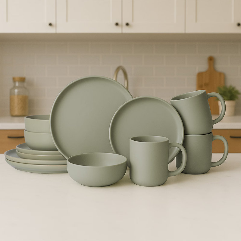 Service de table 12 pièces en grès avec tasses - va au micro-ondes et au lave-vaisselle, empilable, non toxique - service pour 3