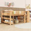 Lit mezzanine en bois avec tablettes, bureau et échelle-648406905
