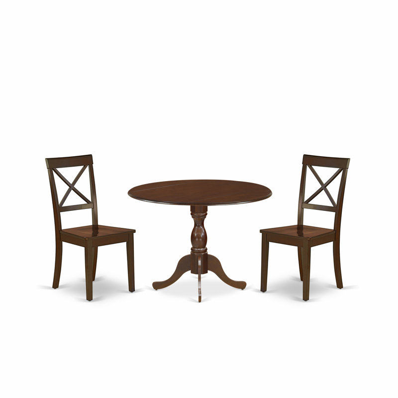  3 Piece Modern Dining Table Set Contains a Round Wooden Table with Dropleaf and 2 Dining Room Chairs, 42x42 Inch, Mahogany