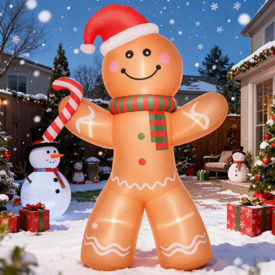 Décoration de jardin extérieure gonflable, bonhomme de pain d'épice gonflable de Noël avec une canne de bonbon avec affichage de lumières DEL