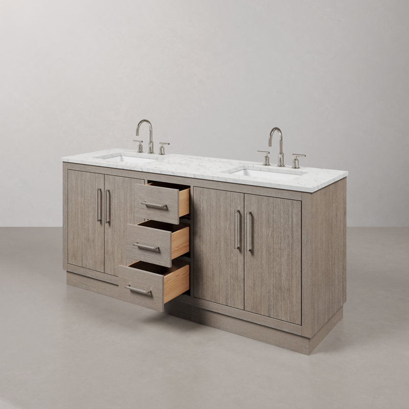 Hugo 72 In. Double Sink Carrara White Marble Countertop Vanity In Grey Oak With Gooseneck Faucets, Chrome