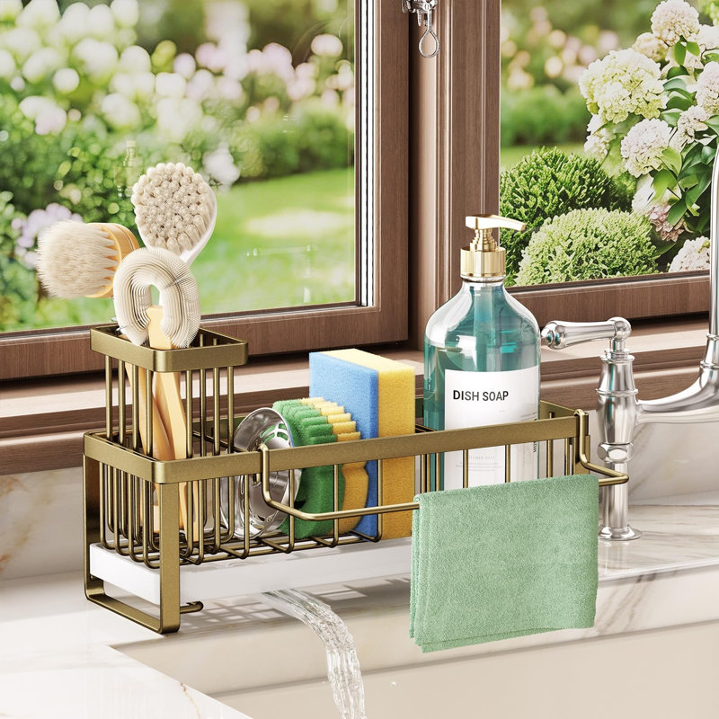 Stainless Steel Sink Tidy with Auto Draining Tray, Gold