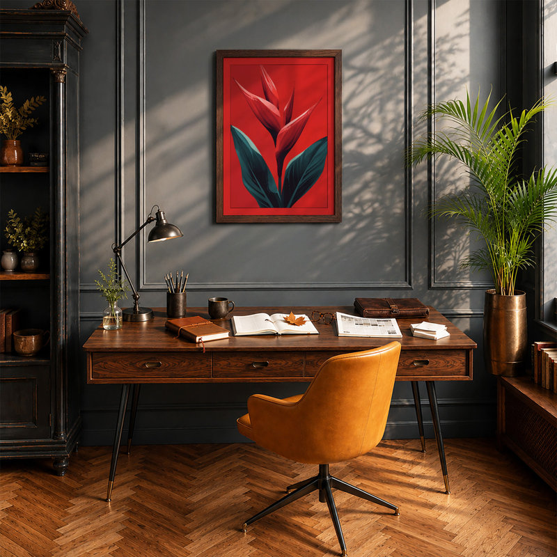 Tropical Bloom in Red Botanical - Framed Print, A4 - 29.7 x 21.0 cm, Walnut