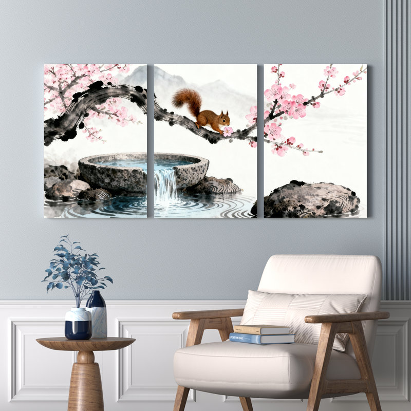 Tableau sur toile tendue représentant un écureuil en fleurs de cerisier et une cascade, style traditionnel de l'Asie de l'Est (lot de 3)