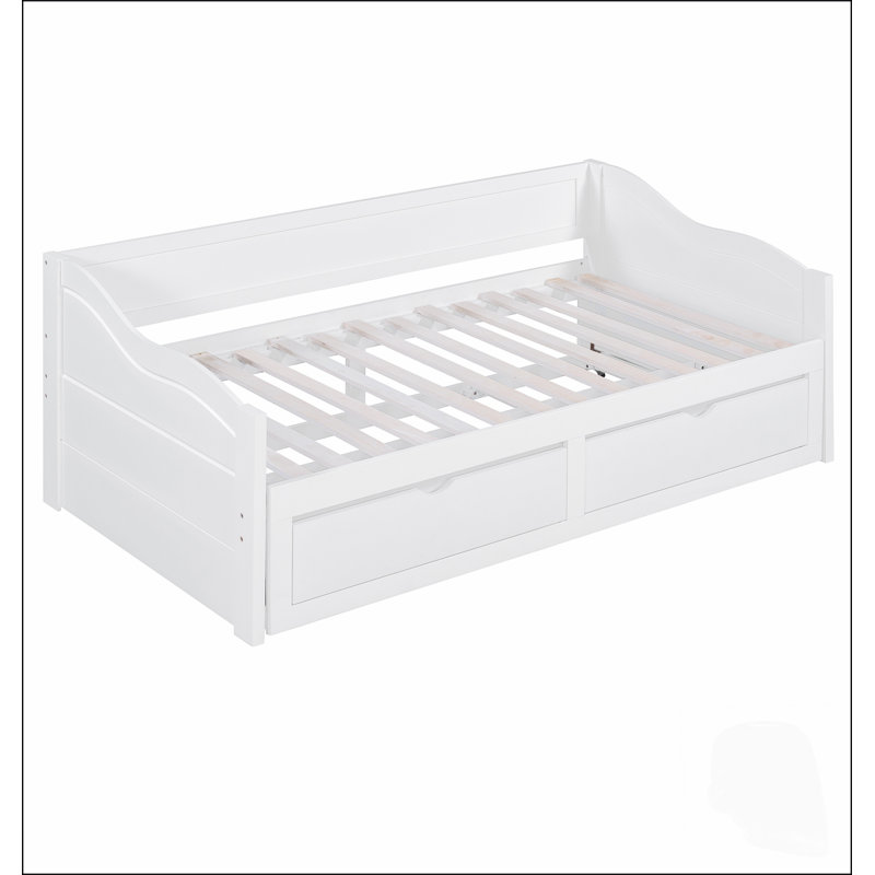 Lit de jour extensible en bois avec lit gigogne et rangement, idéal pour les chambres d'amis multifonctionnelles et l'optimisation de l'espace.