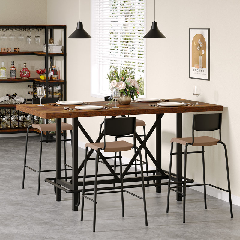 Dining Table For 6 People, Industrial Kitchen Table With Metal Footrest, Counter Height Dinner Table Rectangular Bar Table For Small Space, Apartment