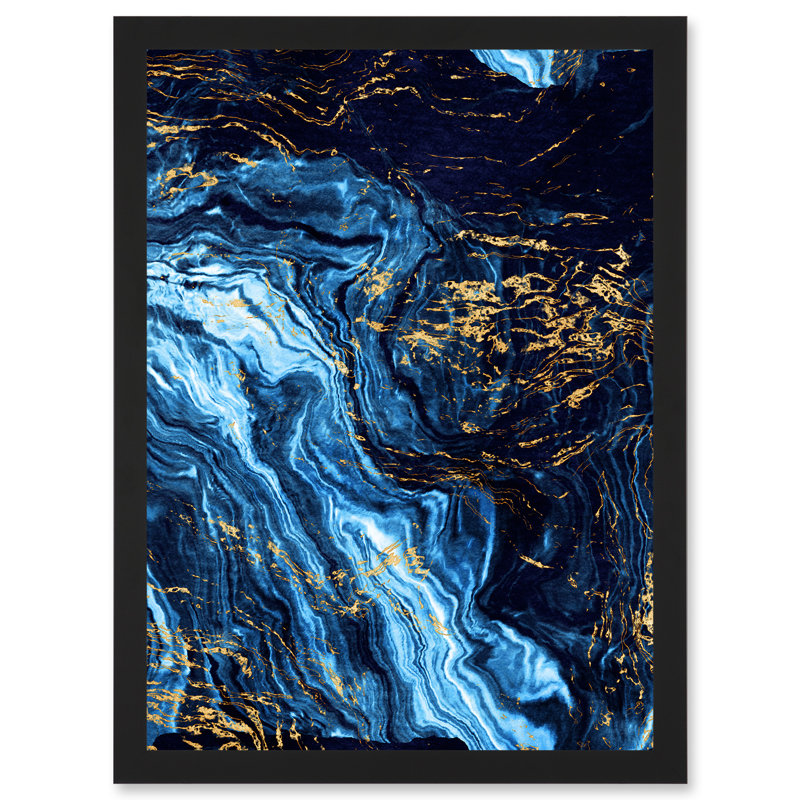 Abstract Dark Blue Gold Pour Watercolour Modern - Single Picture Frame Print, 32.3cm H x 23.4cm W x 1.5cm D