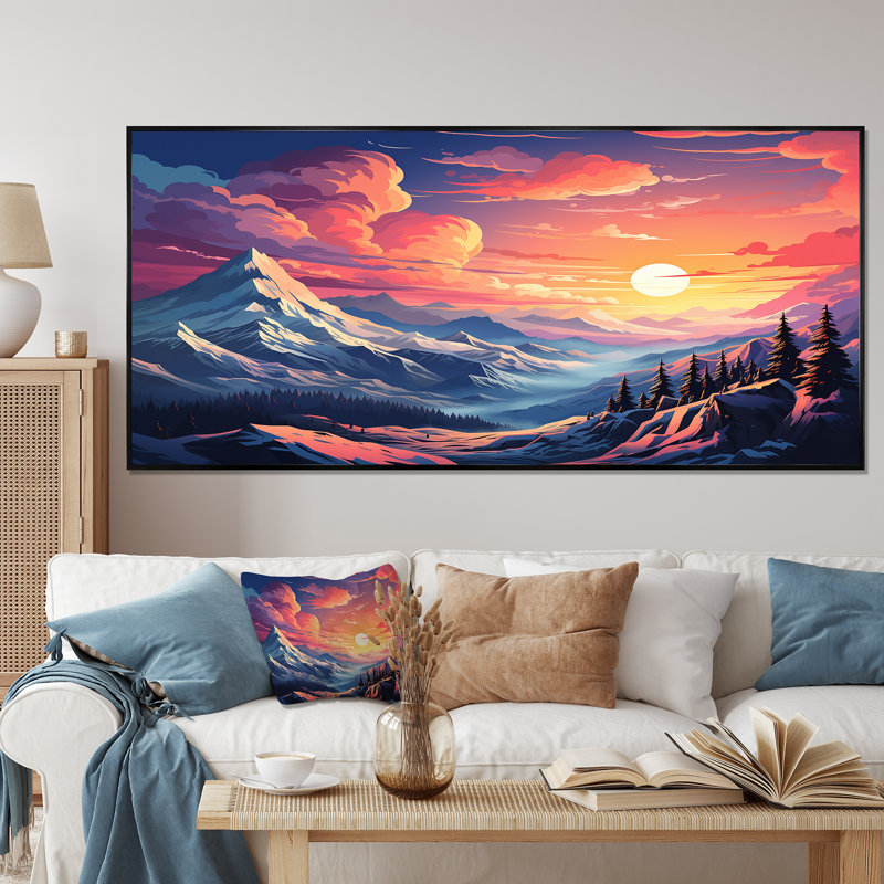 «Space Landscape Mountain Sunset», art mural, H 34 po x l 44 po x P 1,5 po, Cadre doré à coins fermés
