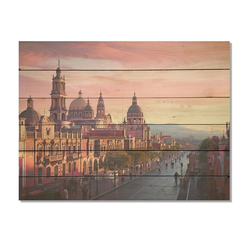 Zocalo, Mexique, paysage - Art mexicain, art mural sur bois de pin naturel, H 10 po x l 20 po