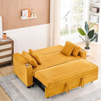 Lit multifonctionnel en velours côtelé orange de 80 po - Porte-gobelet extensible pour maximiser l'espace et le confort