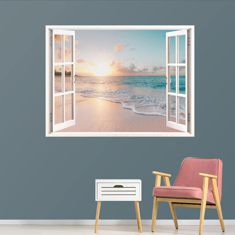 Natural landscape view from white window, Peel & Stick Coastal mural, removable beach wallpaper, L 48 po x l 36 po