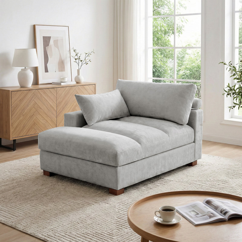 Oversized Upholstered Gray Chenille Chaise Lounge with Armrests & Throw Pillows, Gray