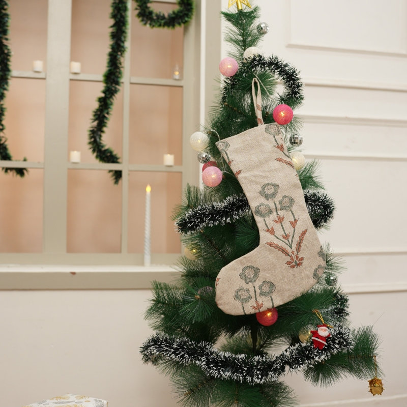  Chaussette de Noël imprimée à la main en coton blanc, décor des Fêtes - Amitabh, H 16 po x l 6,5 po