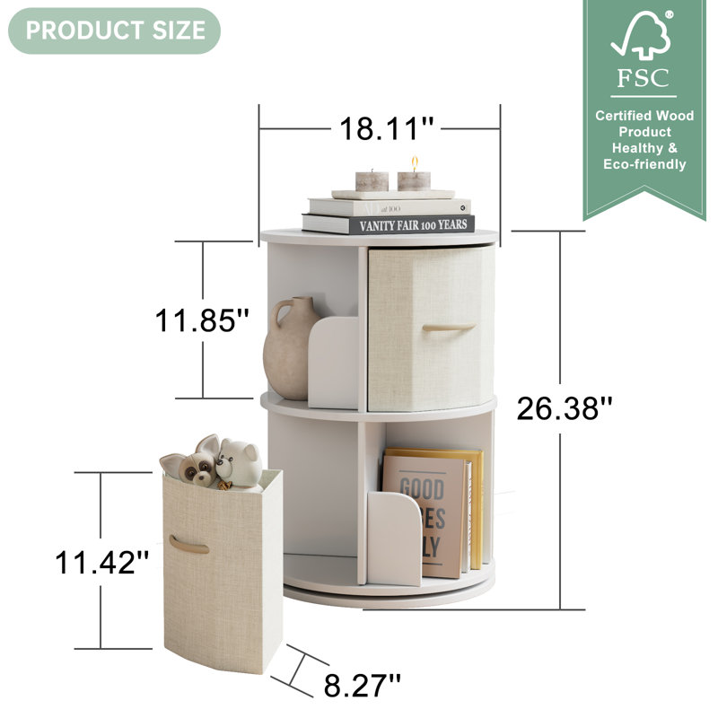 Rotating Bookshelf Tower, Solid Wood Rotating Bookshelf, 2 Tier Spinning Bookshelf With 2 Drawers, 360 Display Revolving Bookcase For Kids&adults, Round Corner Book Shelf For Bedroom, Living Room