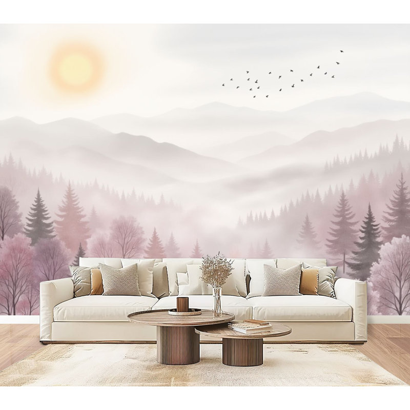 Papier peint adhésif peler et coller Serene Misty Mountain Landscape Sun Forest Silhouettes Soft Pastel Wall Wallals