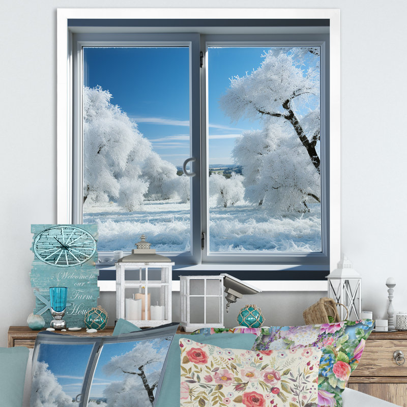 «Forest Winter Window View III - Winter Landscape», art mural, Cadre simple blanc, H 30 po x l 30 po x P 1,5 po