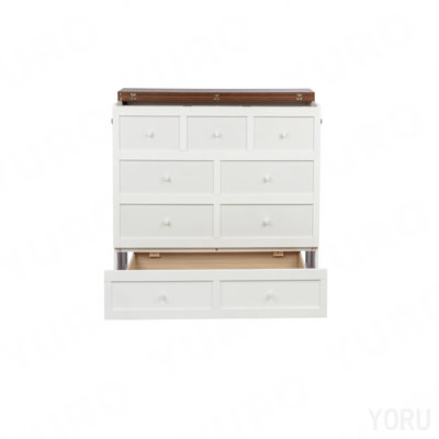 Grand lit escamotable avec tiroir de rangement et station de charge Murphy, port USB, cadre de lit escamotable en pin massif pour bureau à domicile, studio ou chambre d'amis, noyer blanc