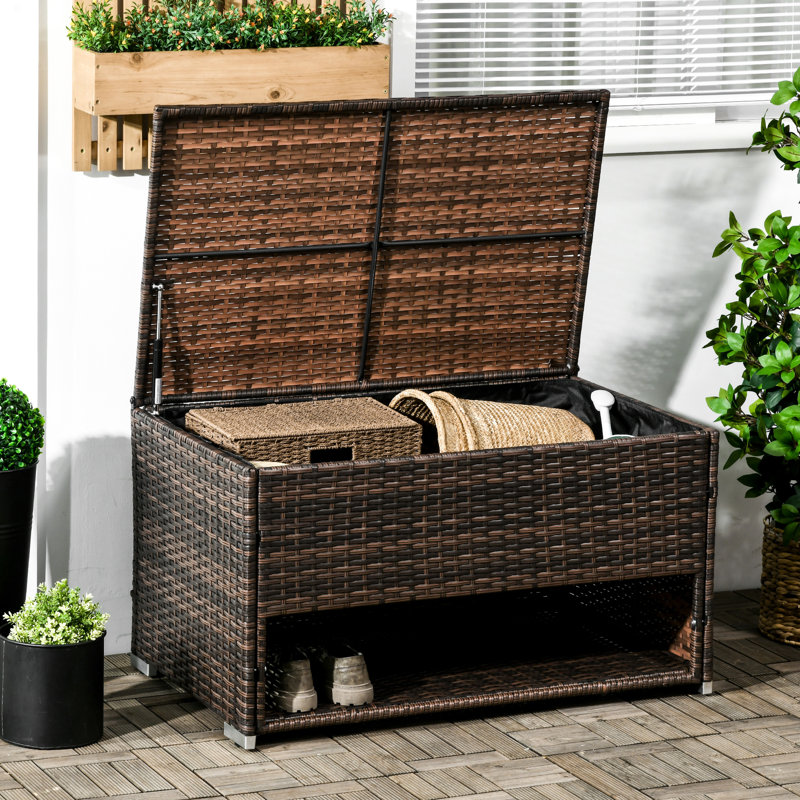 Coffre de terrasse: idéal pour le rangement extérieur. Brun, cadre en acier galvanisé, piscine H 21,25 po tissée à la main. Spacieux, doublure incluse