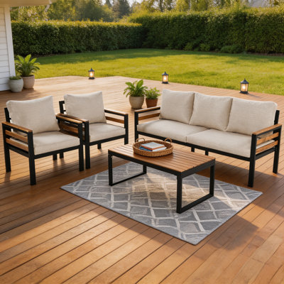 GO 4‑Piece Outdoor Sofa Set with 5‑Person Seating Capacity, Acacia Wood Armrests, Removable Cushions and Solid Wood Coffee Table, Casual Combination Furniture for Garden, Beige