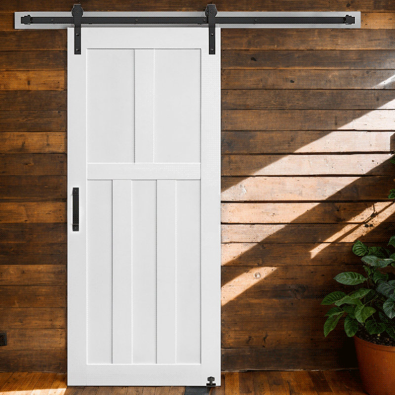 Modern 84" Five Panel Real Primed Door Slab with 6.6FT Sliding Hardware, Adjustable Floor Guide, Moisture-proof - Easy DIY Installation & Double-Layer Packaging Protection