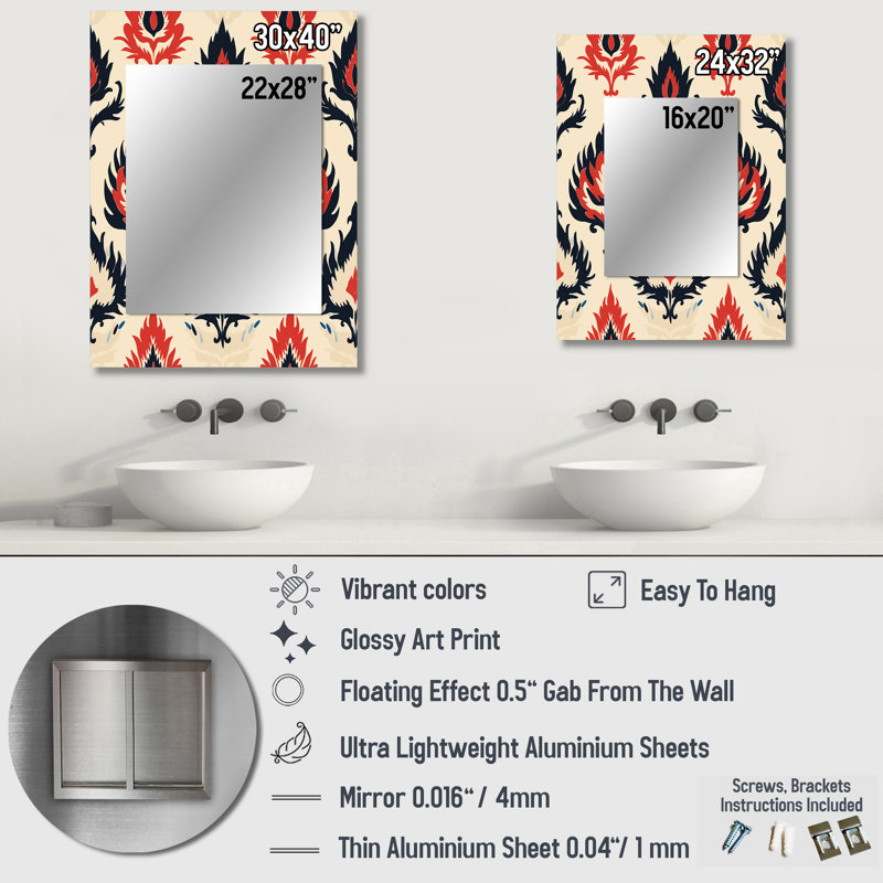 «Defreese Red Ikat Nomadic Tribe Blend Fuse», miroir décoratif Ikat, miroir mural Ikat, impression sur métal, 40 po x 30 po