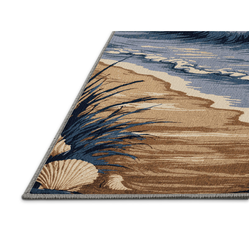 Washable Twilight Shore Coastal Area Rug, Square 4'