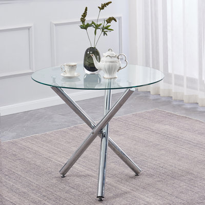 Wrought Studio™ Round Glass Dining Table With 3 Chrome Legs And Clear Tempered Glass Top For Home Office Kitchen Dining Room 45.3" * 27.5" * 29.5"(l X W X H)
