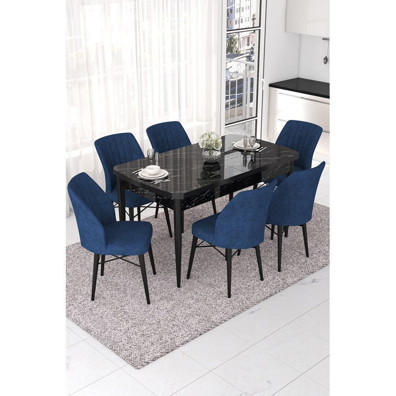 Ensemble de table et chaises de salle à manger extensible Modern (7 pièces), marbre noir et bleu marine, table: 44,9 po x 30,7 po x 27,6 po (ouverture: 56,7 po) | 100% panneau de fibres à densité moyenne avec pieds en bois, structure de chaise en métal, sièges en mousse confortables | Parfait pour les réunions de famille