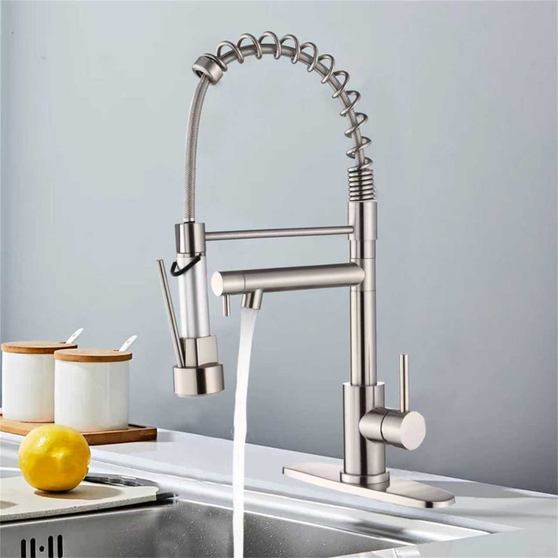 Robinet de cuisine avec douchette rétractable, poignée à ressort à 2 fonctions en acier inoxydable tactile, installation à un trou pour le résidentiel, le commercial, le véhicule récréatif, le bar et plus, nickel brossé