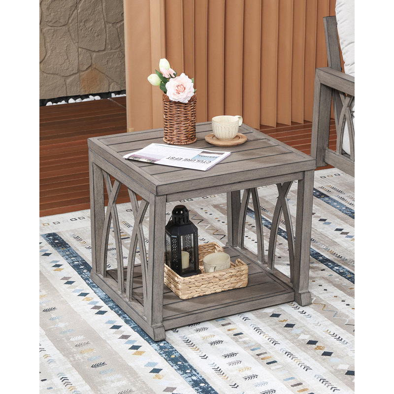 Table d'appoint d'extérieur en aluminium, table de patio avec tablette de rangement à deux étages et pieds réglables, table d'appoint moderne pour balcon, terrasse et véranda, chêne blanchi
