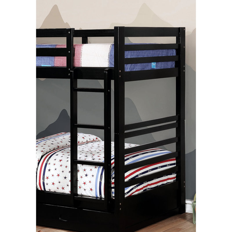 Lit simple superposé au-dessus de style transitionnel, noir, avec deux tiroirs, en bois massif et 10 pièces Lattes pour lit de chambre à coucher de style noir, avec décor de tiroirs