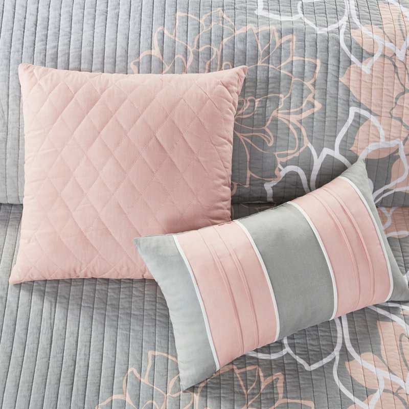 Courtepointe 6 pièces, gris / pêche, double / grand, coton imprimé, chaleur réversible, 3 coussins élégants, coussin décoratif pour la literie