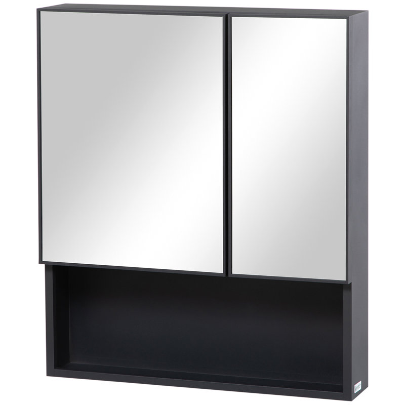 Armoire à pharmacie murale Kleankin, miroir de salle de bain avec portes doubles et tablettes de rangement, noir