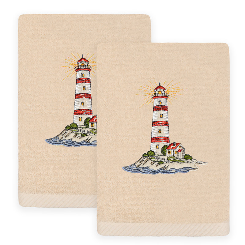 Summer Lighthouse - Embroidered Luxury 100% Turkish Cotton Hand Towel, White