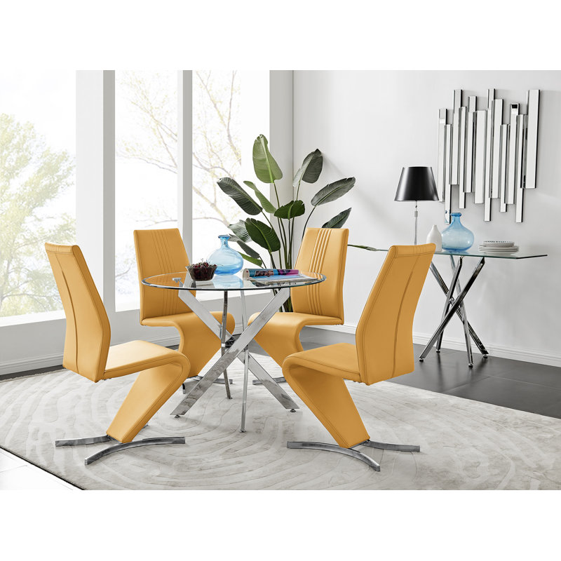 Tierra Modern Chrome Metal & Glass Round Dining Table Set with 4 Modern Design Faux Leather Chairs, Mustard