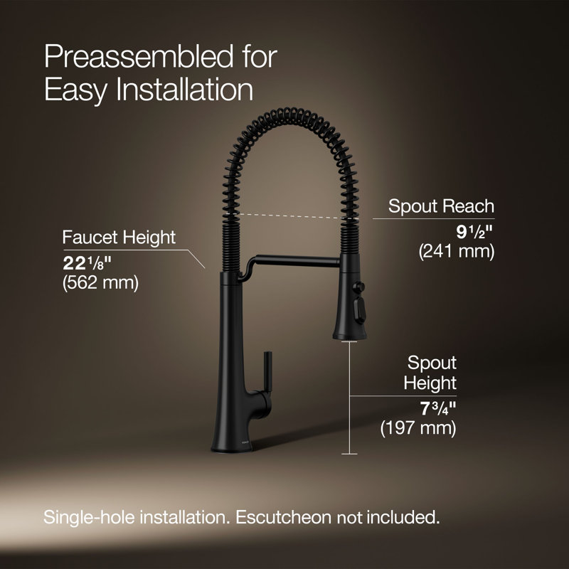 Kohler Tone Single Handle Semi-Professional Pre-Rinse Kitchen Sink Faucet with Three-Function Pull Down Sprayer, Matte Black