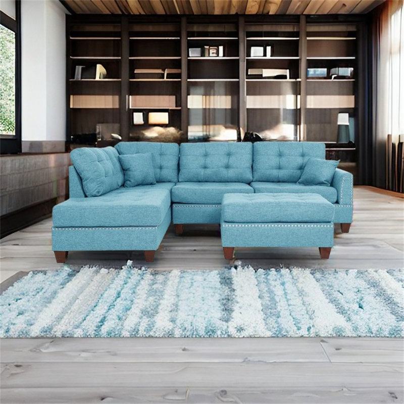 Canapé modulaire rembourré 3 pièces, Mélange de lin bleu