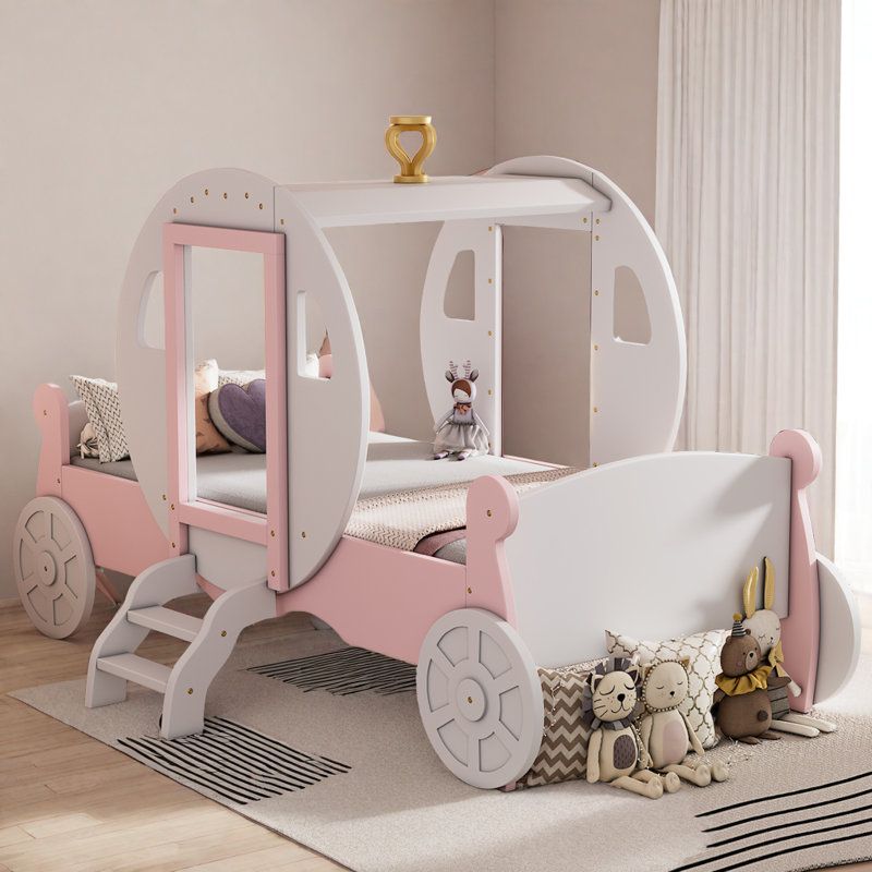 Princess Magical Crown Carriage-shaped Bed with Ladder, White