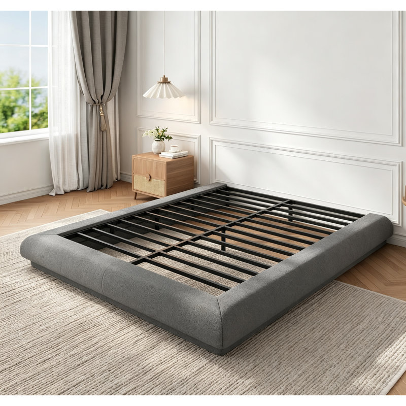 Elegant Cloud Platform Bed with Upholstered and Solid Frame Stability, QUEEN/Dark gray