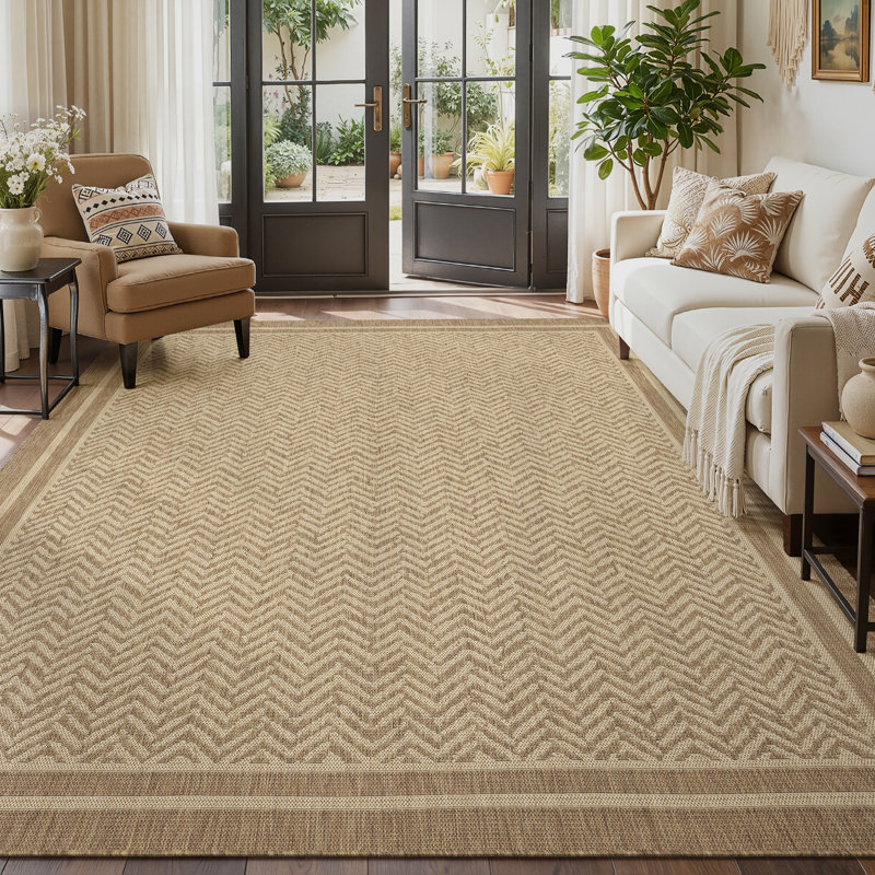 Modern Herringbone Geometric Indoor/Outdoor Area Rug, Rectangle 5' x 7', Beige/Brown