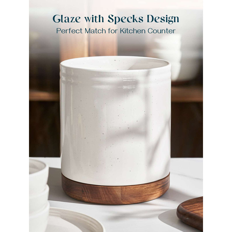DOWAN 6" Speckled White Utensil Holder - Rotating Ceramic