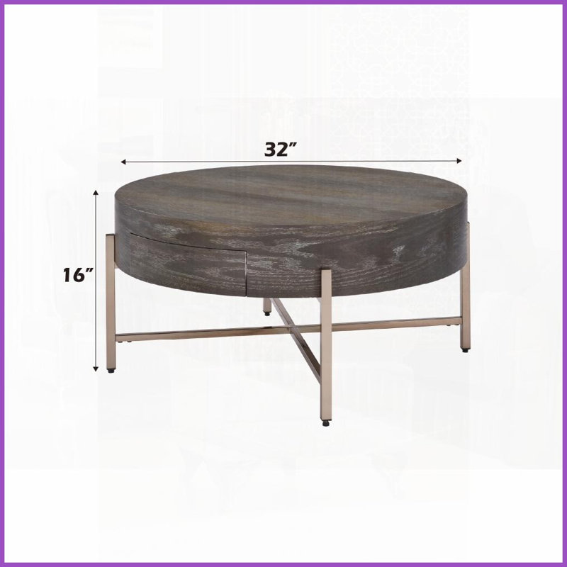 En forme de tambour brun clair & amp; Table basse champagne pour le salon, 1 tiroir de rangement et amp; Assemblage facile