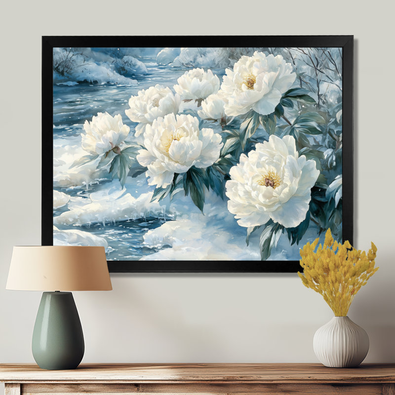Loftin Winter Pivoines par la glace, rivière couverte II - pivoines, art mural, Reproduction encadrée d'une seule photo